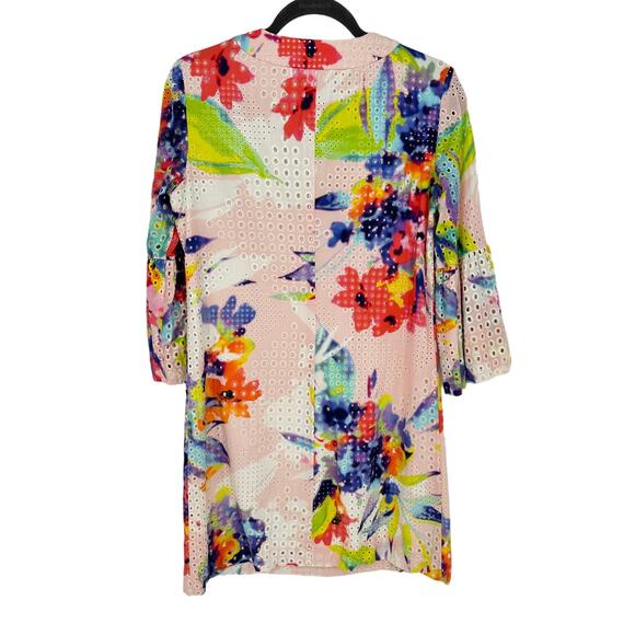 Trina Turk Knee Length Eyelet Dress Rainbow 3/4 Bell Sleeve Vacay Summer Beach 2 - Picture 2 of 11